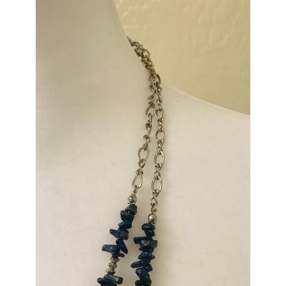Two Strand Beaded Silver Chain Blue Chip Yellow Teardrop Necklace - Picture 4 of 6